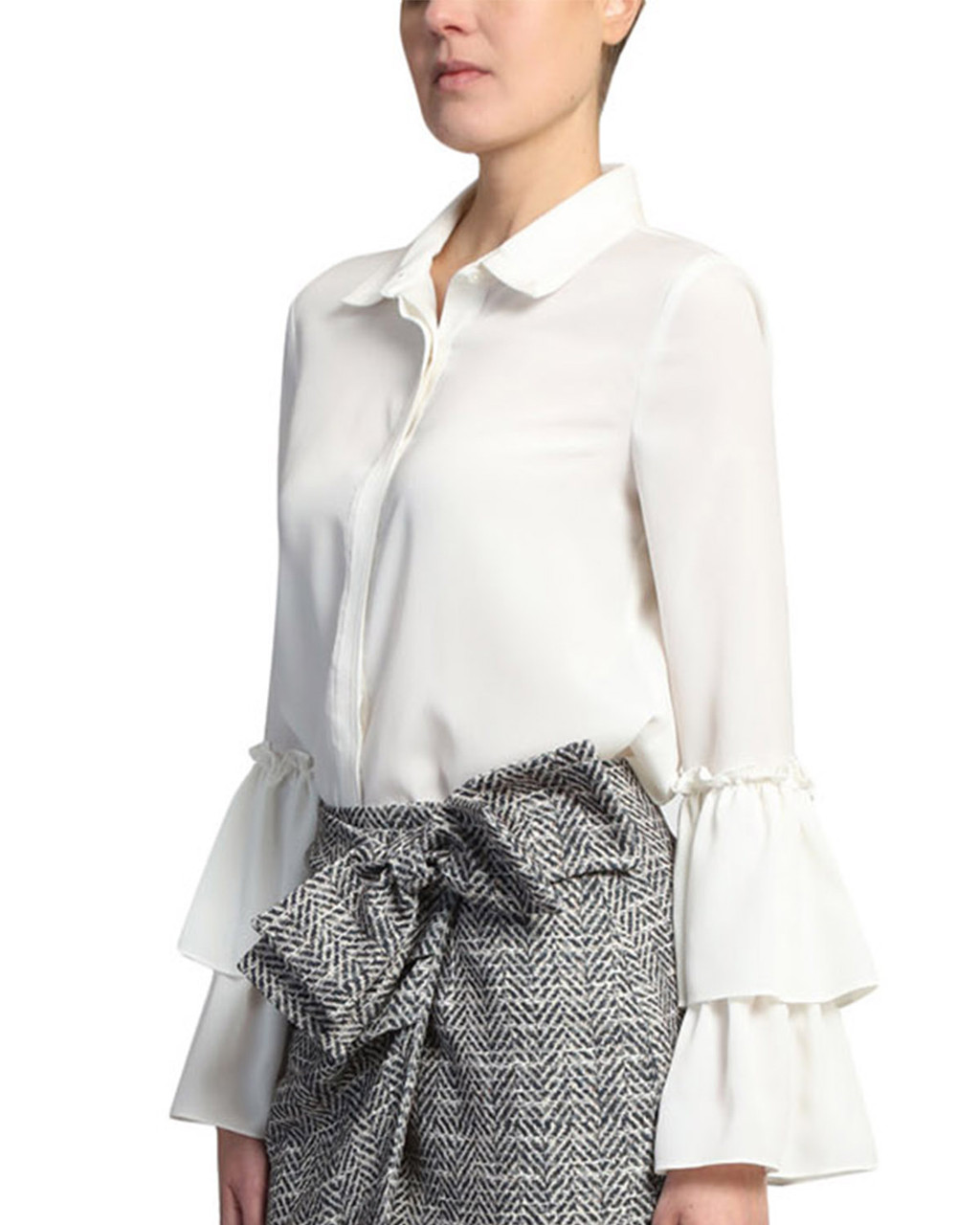 ruffle front white blouse