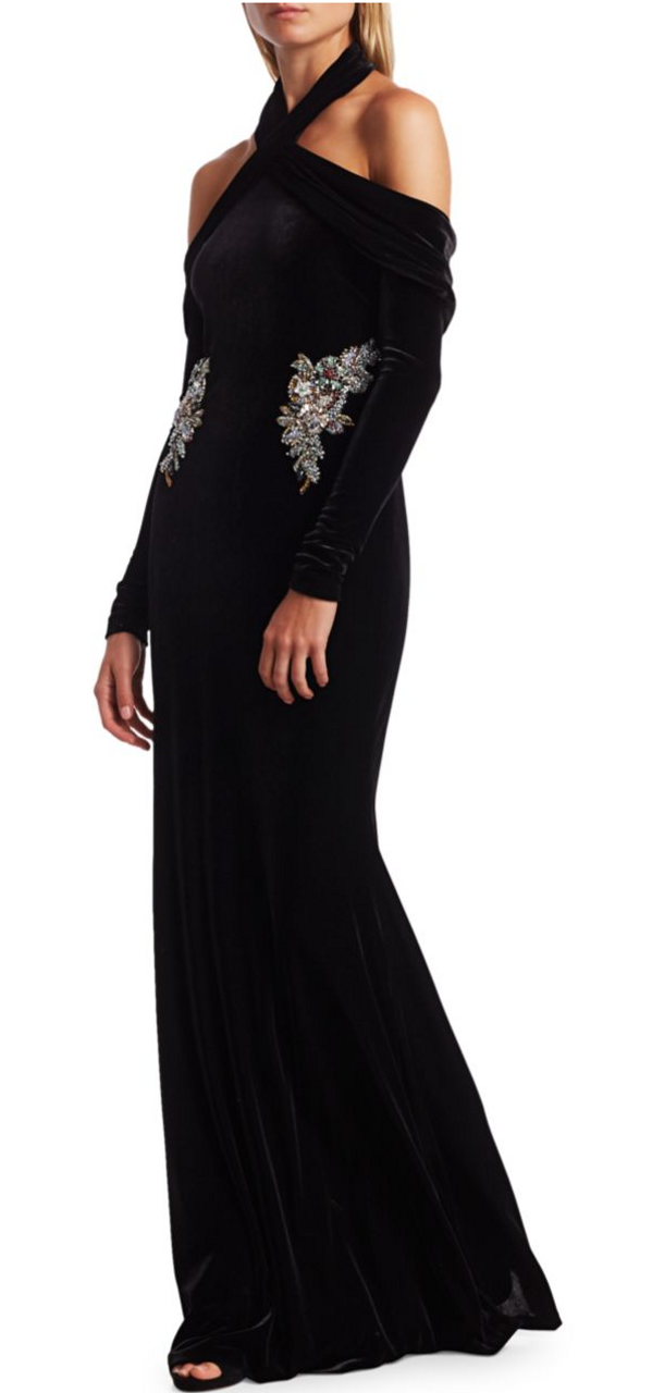 badgley mischka beaded fringe halter gown