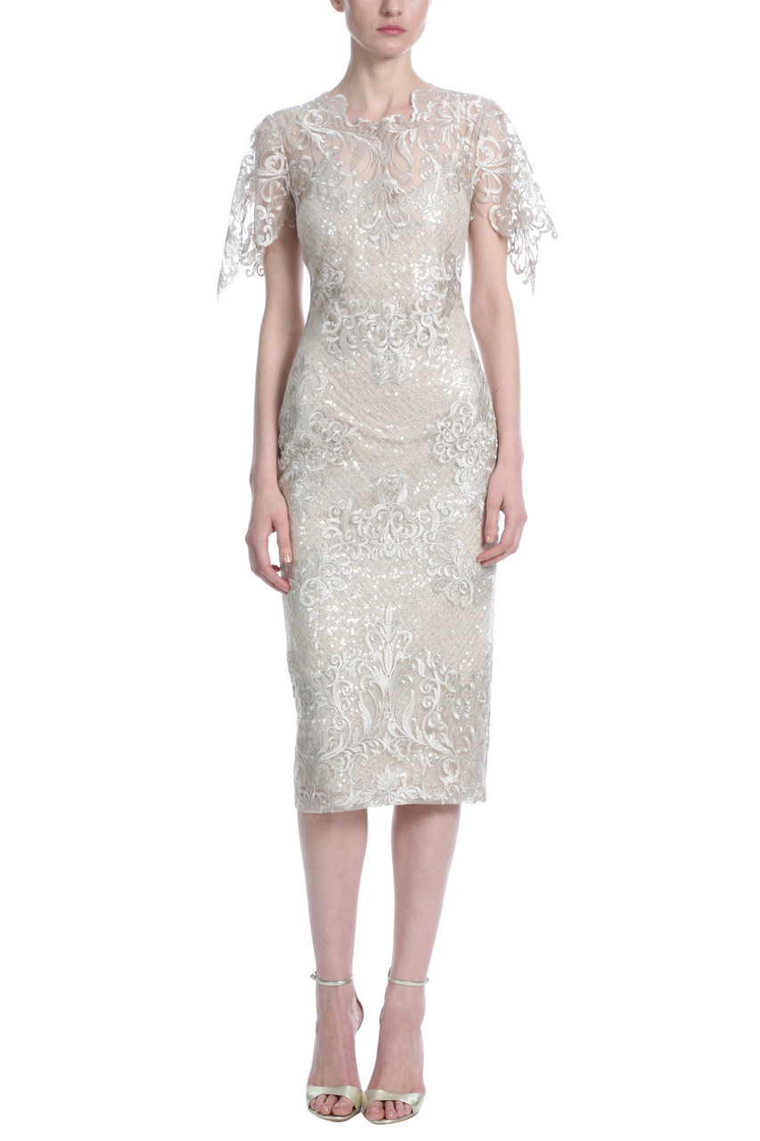 badgley mischka lace sleeve sheath cocktail dress