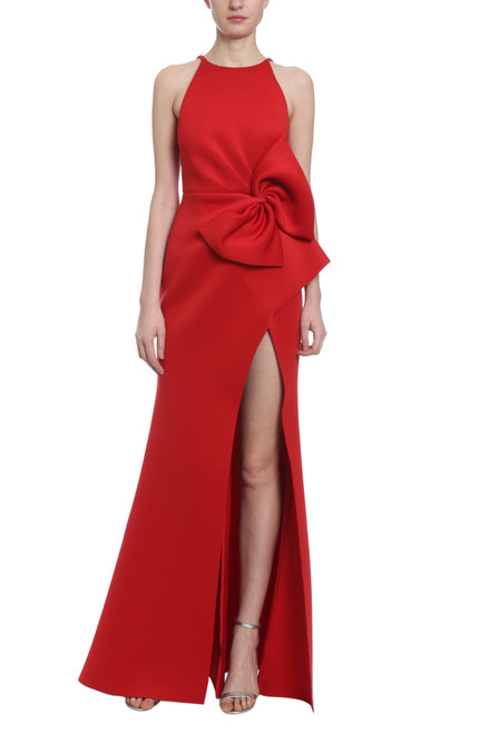 red dress with bow on front