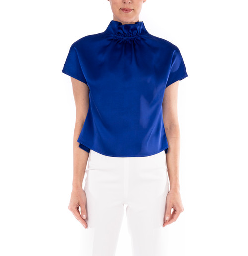 Ink Blue Satin Rouched Top Front