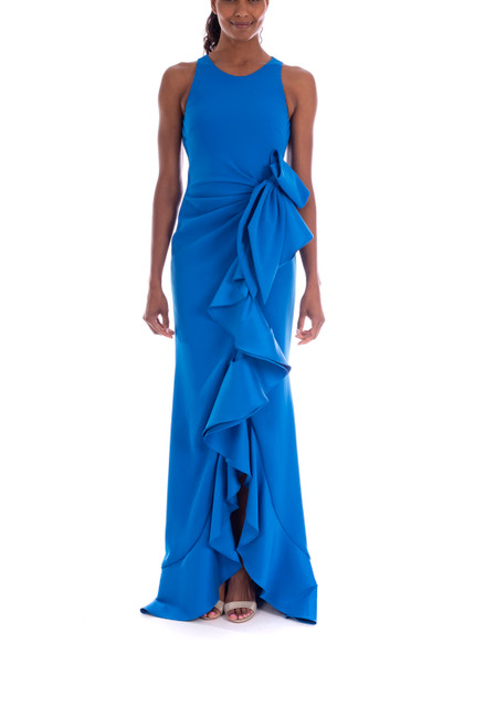 Ocean Crepe Ruffle Side Gown Front