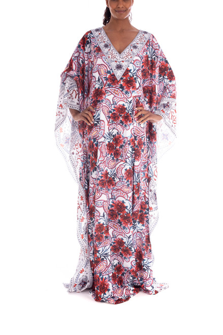 Red Multi Crepe De Chine Caftan Front