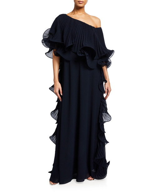Navy Georgette One Shoulder Caftan Gown Front
