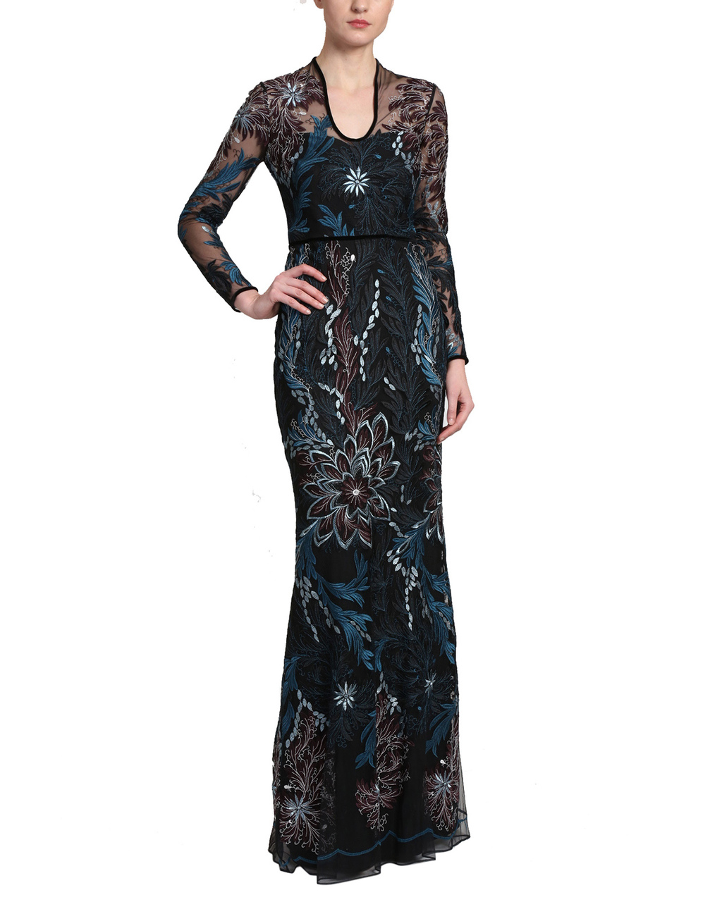 badgley mischka embroidered mesh dress