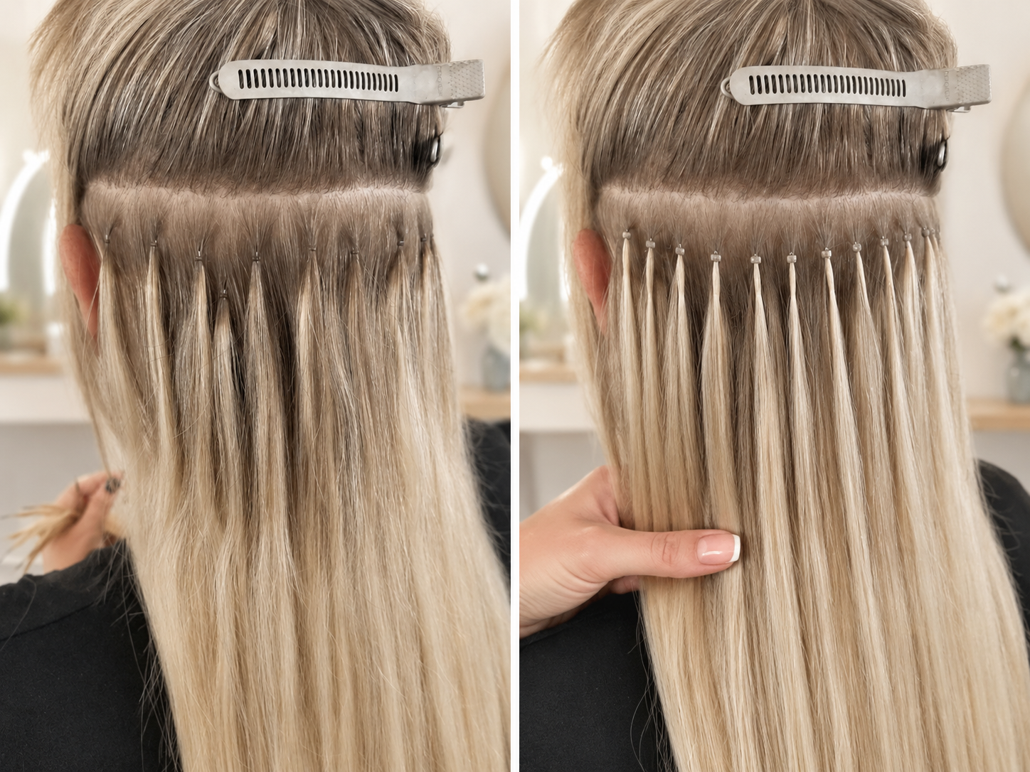 Nano extension bonds in front of the hair compared with bonds placed behind the natural hair