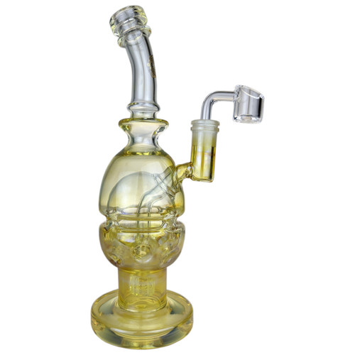 On Point Glass - 10" Fabb Egg Gold Fumed Split Chamber Matrix Perc Banger Hanger Water Pipe - with 14M Banger (MSRP $150.00) On Point Glass - 10" Fabb Egg Gold Fumed Split Chamber Matrix Perc Banger Hanger Water Pipe - with 14M Banger (MSRP $150.00)