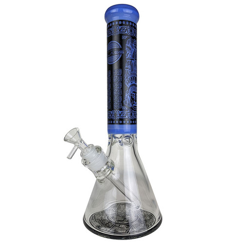 On Point Glass - 14" Etched Design Beaker Water Pipe - Blue Tongue - with 14M Bowl (MSRP $115.00) On Point Glass - 14" Etched Design Beaker Water Pipe - Blue Tongue - with 14M Bowl (MSRP $115.00)