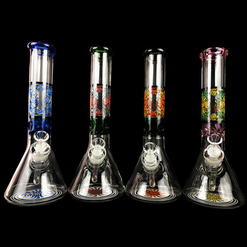 14" 7mm Assorted Zigzag Decal Beaker Water Pipe - with 14M Bowl & 4mm Banger (MSRP $60.00)