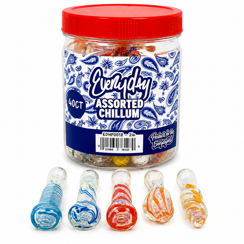 Everyday - 2" Small Assorted Design Chillum Hand Pipe - 40ct Jar (MSRP $100.00)