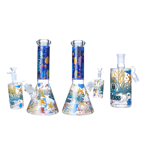Clover Glass - 12" Ocean Time Beaker Water Pipe Ash Catcher Set (MSRP $75.00)