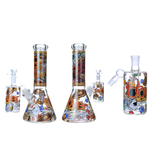 Clover Glass - 12" Gambling Time Beaker Water Pipe Ash Catcher Set (MSRP $75.00)