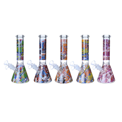 Clover Glass - 10" Assorted Graffiti Decal Beaker Water Pipe - with 14M Bowl (MSRP $35.00)