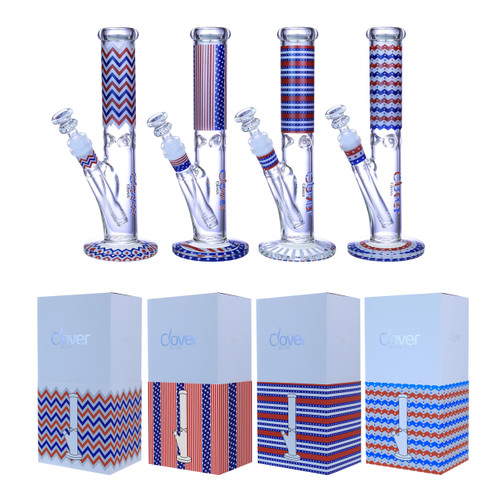 Clover Glass - 10" Assorted RedWhiteBlue Decal Straight Water Pipe - with 14M Bowl (MSRP $50.00)