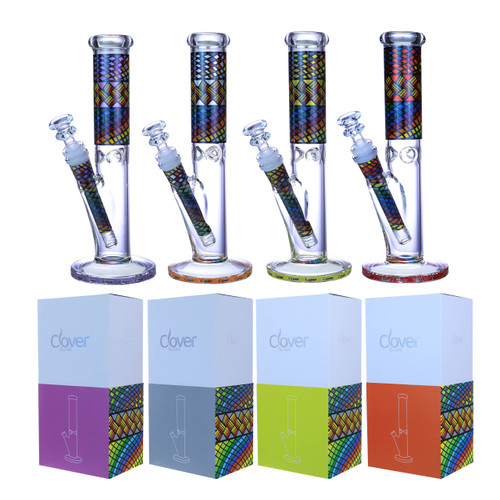 Clover Glass - 10" Assorted Abstract Decal Straight Water Pipe - with 14M Bowl (MSRP $50.00)