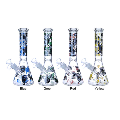 Clover Glass - 10" Assorted Monochrome Doodle Decal Beaker Water Pipe - with 14M Bowl (MSRP $35.00)