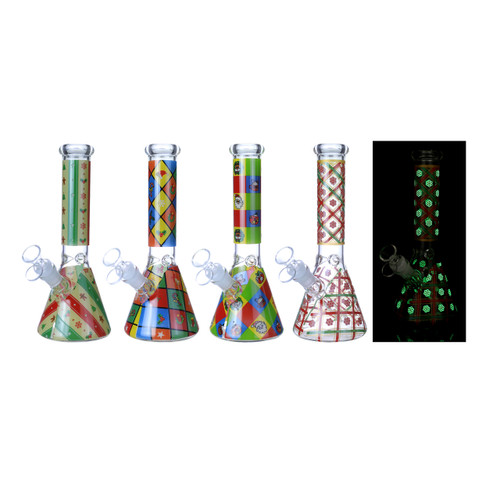 Clover Glass - 10" Assorted Glow in the Dark Holiday Decal Beaker Water Pipe - with 14M Bowl (MSRP $35.00)