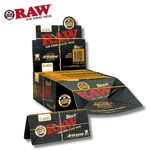 RAW® - Black Artesano Rolling Papers King Size Slim With Tips (32ct) - Display of 15 (MSRP $4.75ea)