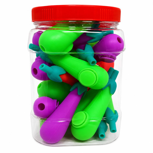 4" Assorted Colors Silicone Eggplant Pipe - 18 ct Jar (MSRP 8.00ea)