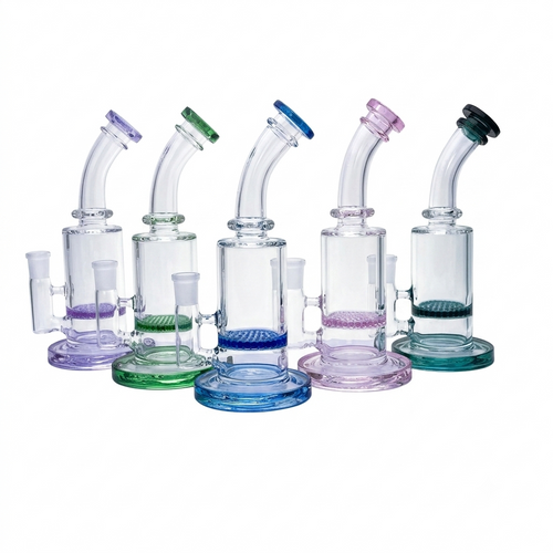 Assorted Color Bent Neck Honeycomb Rig Water Pipe with 14M Male Bowl (MSRP $20.00)
