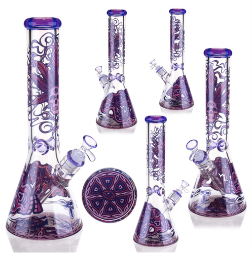 Tigerat - 14" 7mm Purple Winged Skull Rose & Mandala Beaker Water Pipe (MSRP $40.00)