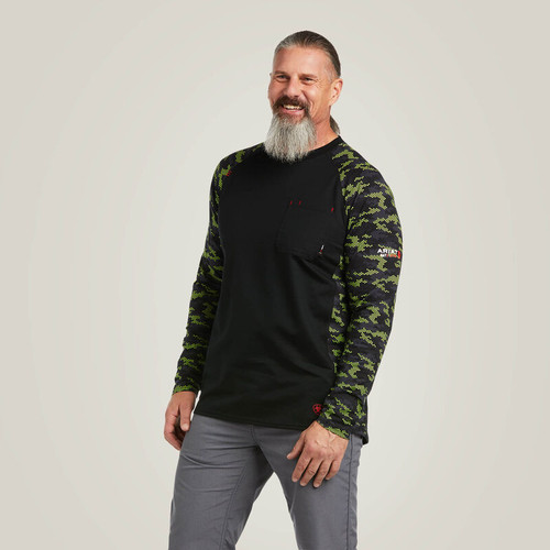 Ariat FR Stretch Camo Baseball T-Shirt( Black/Lime Camo)