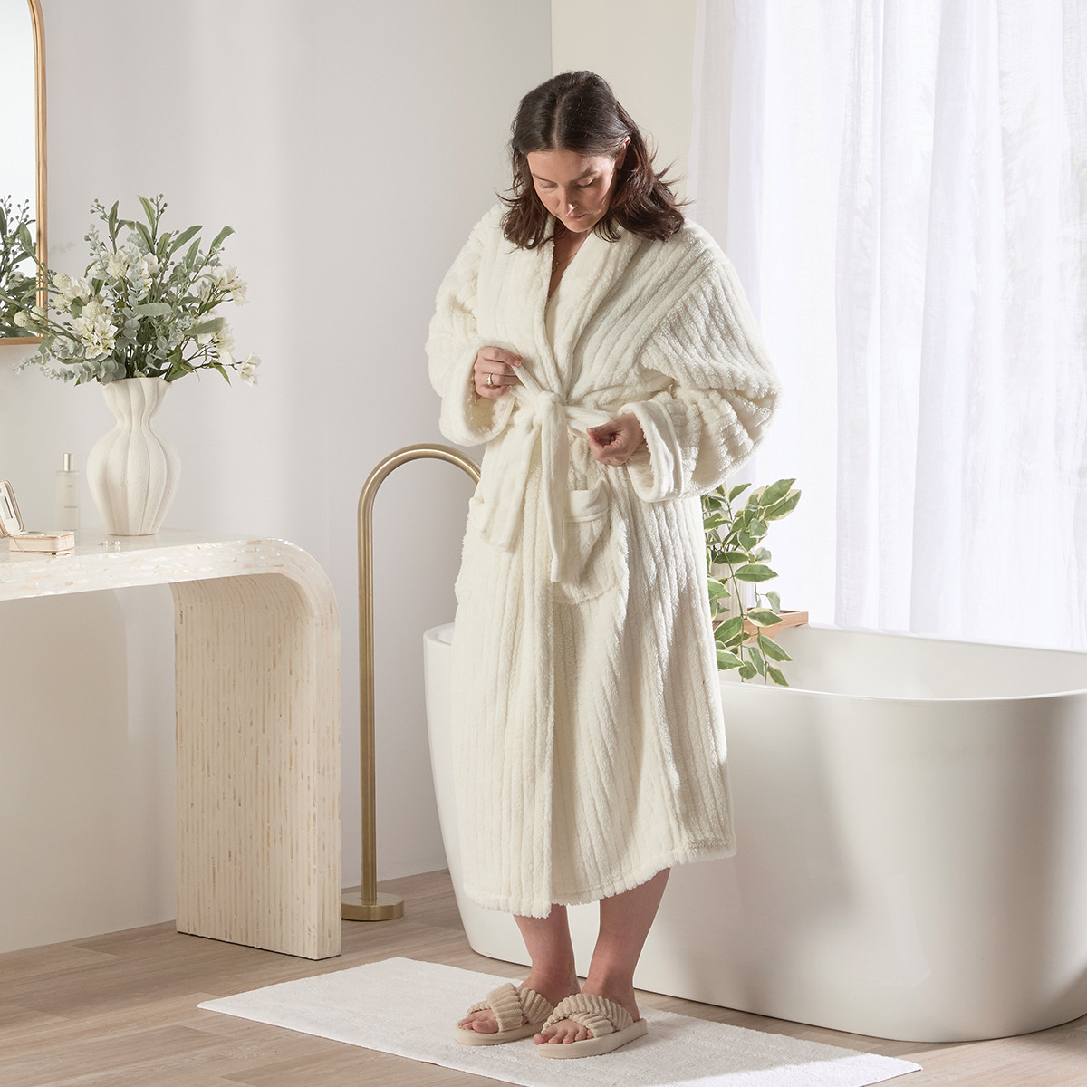 Serena Ivory Ribbed Fleece Bath Robe - Pillow Talk