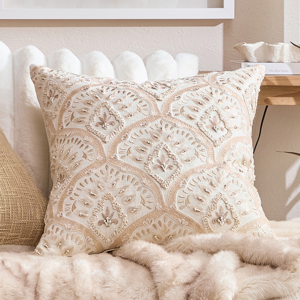 Octavia Natural Embroidered Cushion Pillow Talk - Main Image