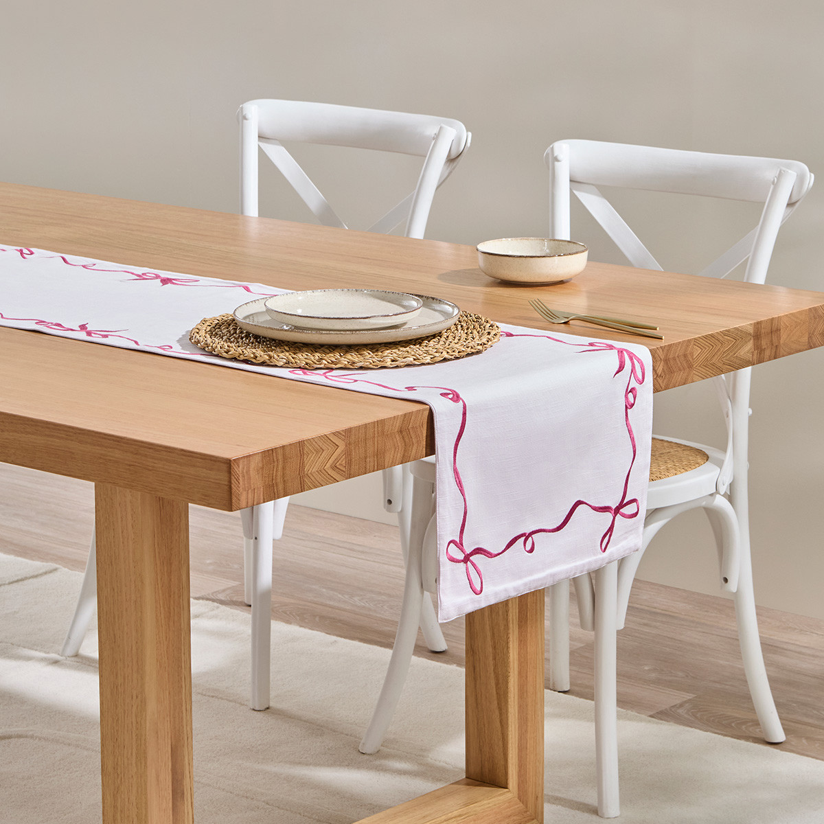 Aubrey Bow Pink Embroidered Table Runner Pillow Talk