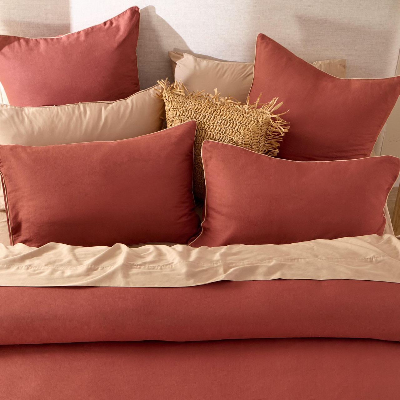 Piped Washed Linen Look Mahogany Quilt Cover Set - Pillow Talk