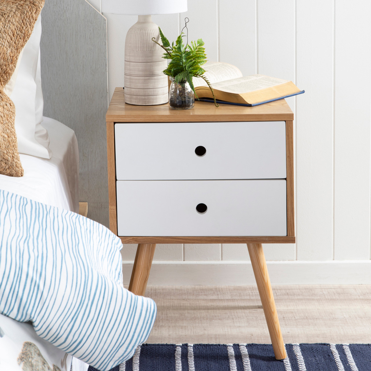 white bedside table