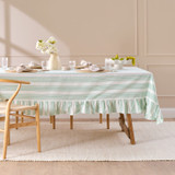 Poppy Green Stripe Ruffle Table Cloth in Green by Habitat | Rectangle Table Cloth 150x300cm, Round Table Cloth 180cm - Pillow Talk