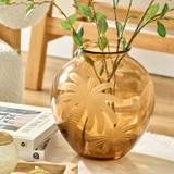 Etched Palm Glass Vase in Brown by MUSE | Round - Pillow Talk