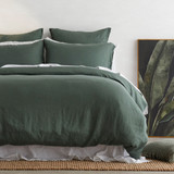 Washed Linen Dark Green Quilt Cover Set in DarkGreen by MUSE | Queen Bed, Super King Bed - Pillow Talk