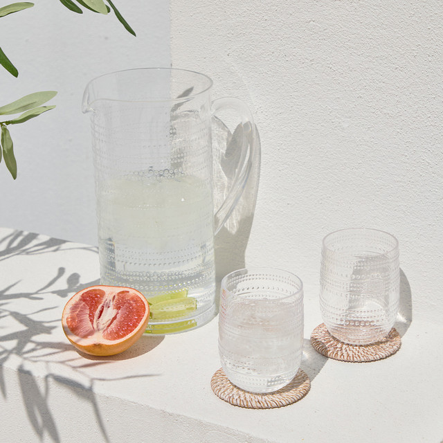 Beaded Clear Jug and ups with a grapefruit