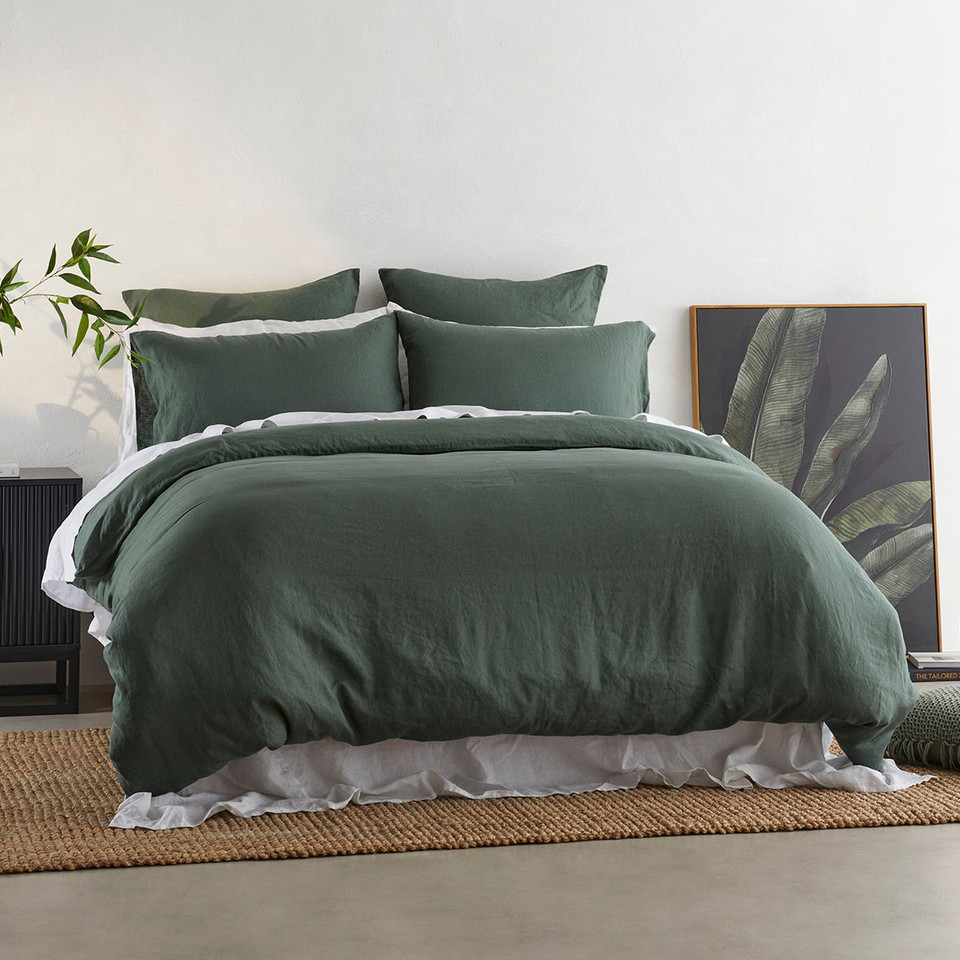 Washed Linen Dark Green Quilt Cover Set Pillow Talk