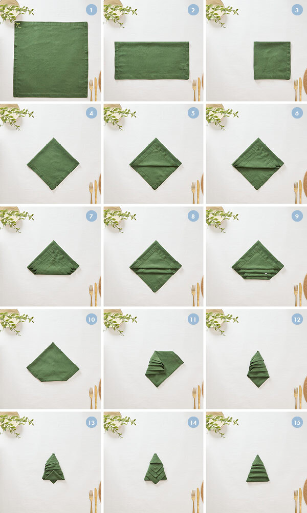 Steps to fold a napkin like a Christmas tree