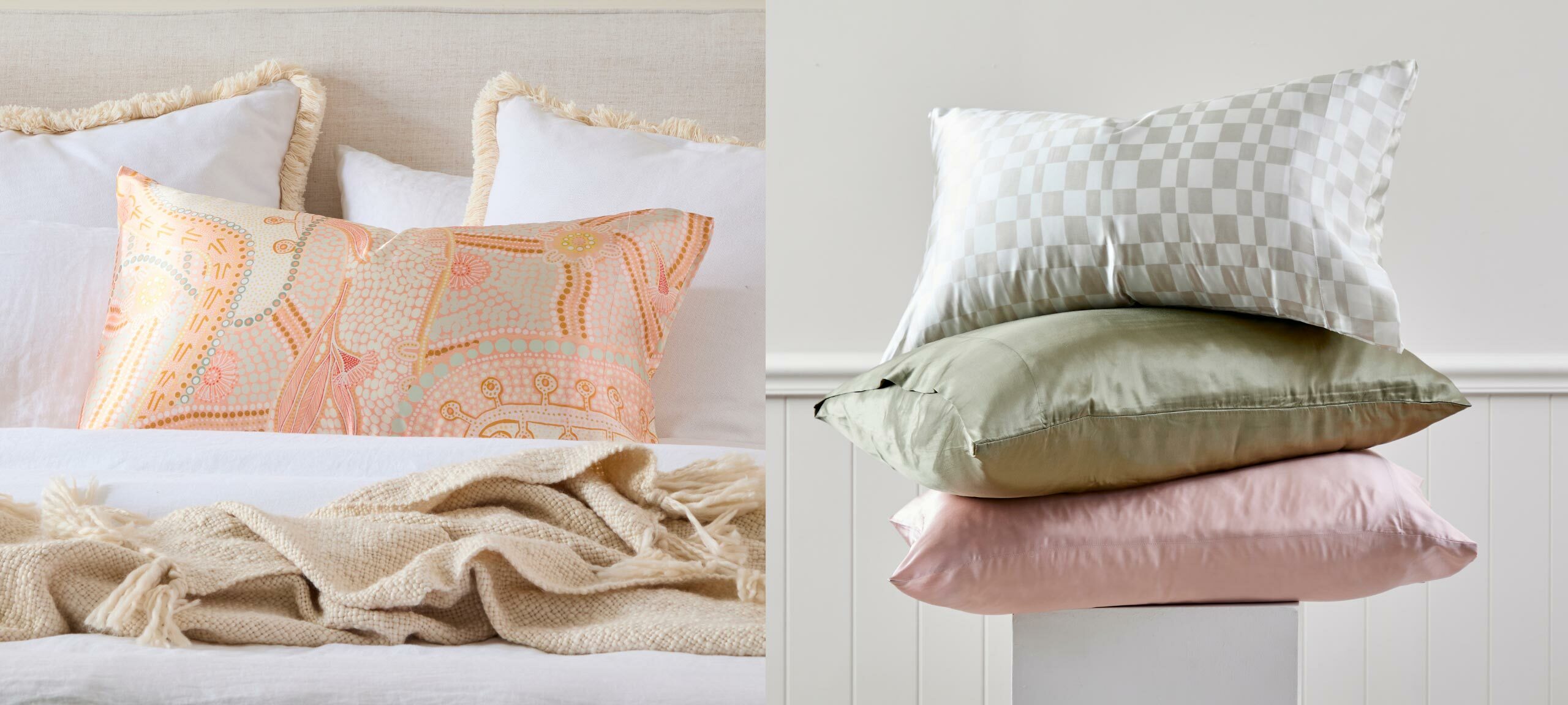 On the left, a picture of a pillow with a silk pillowcase featuring printed Australian Indigenous artwork sits on a bed with white and natural bedding. On the right, three pillows are stacked atop a pedestal. The top pillow has a checkered silk pillowcase, the middle pillow has a olive green silk pillowcase and the bottom pillow has a pink silk pillowcase. 