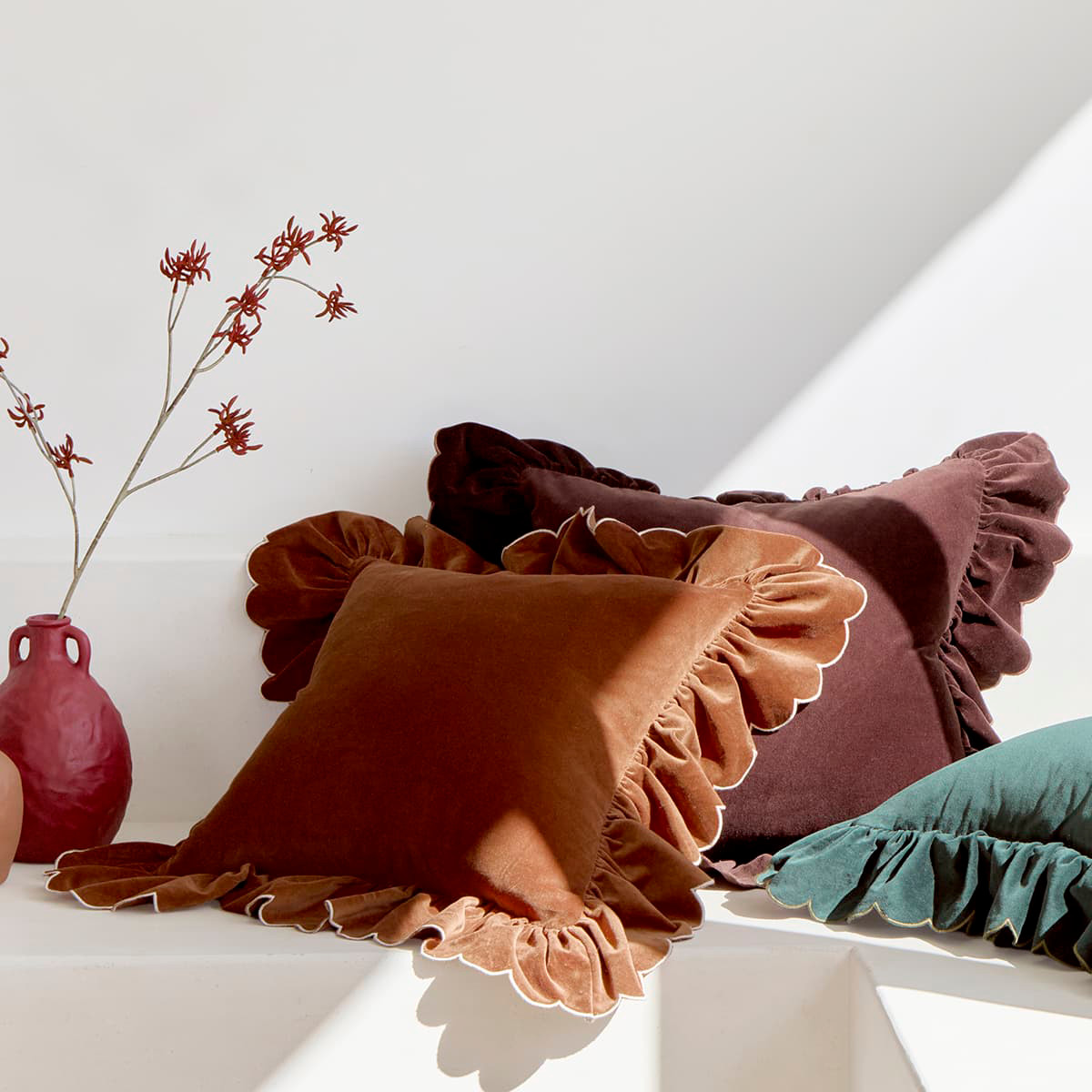 Celine Scalloped Frill Velvet Feather Cushion