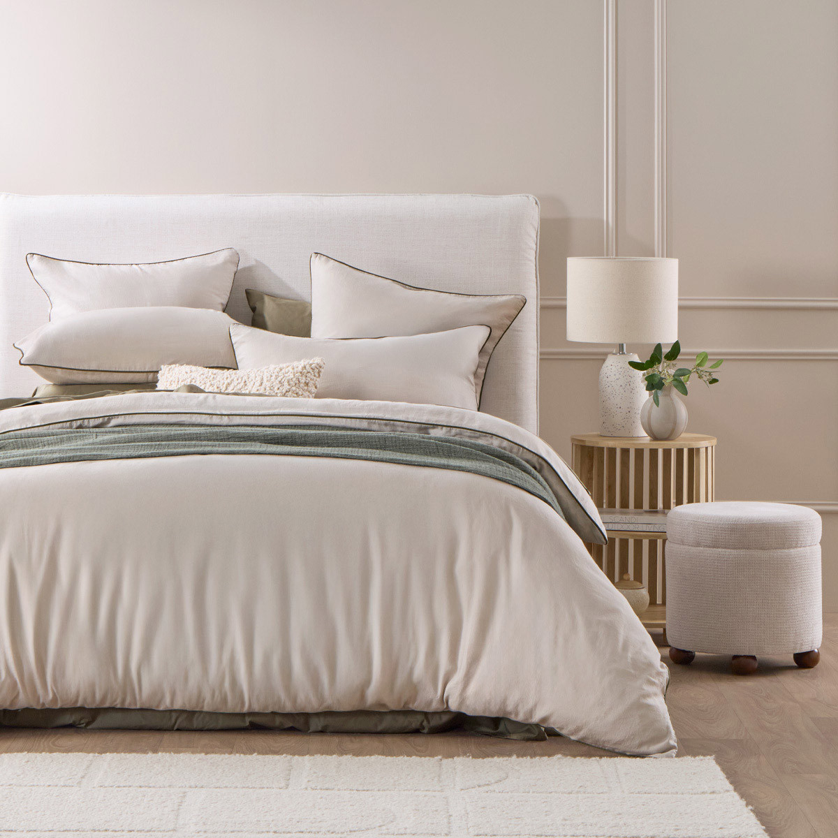 Piped Washed Linen Look Stone Quilt Cover Set