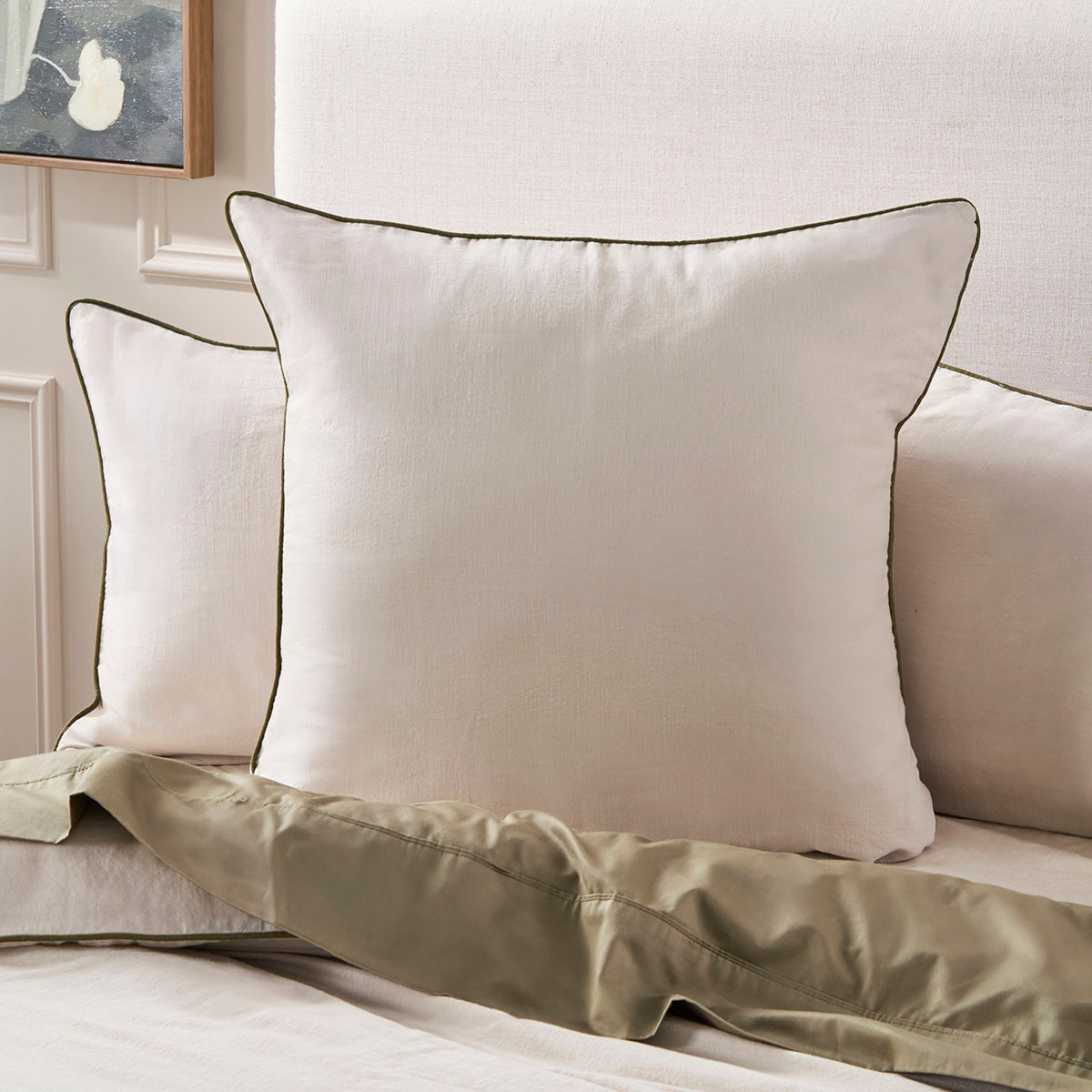 Piped Washed Linen Look Stone European Pillowcase