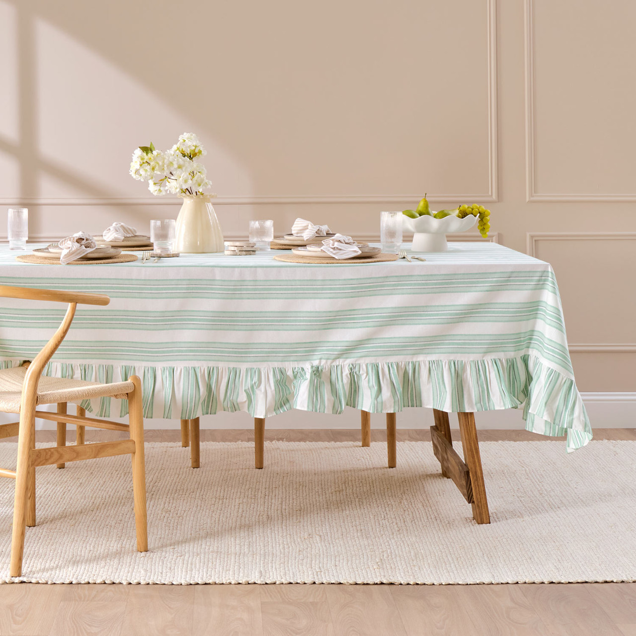 Poppy Green Stripe Ruffle Table Cloth