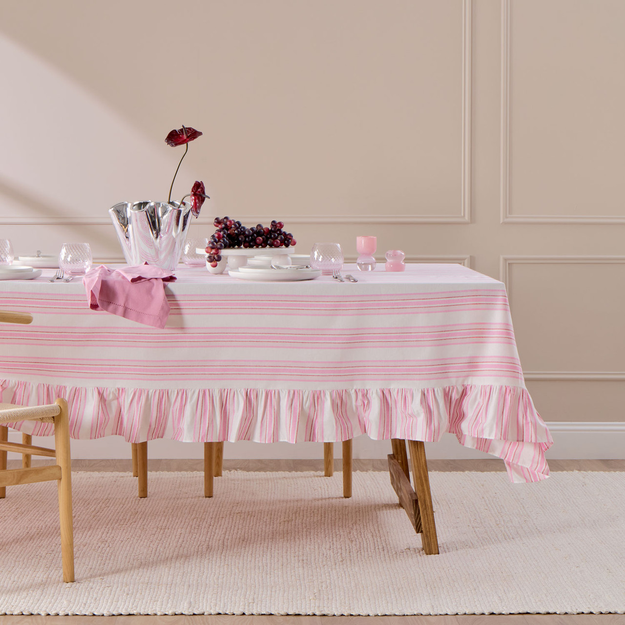 Poppy Pink Stripe Ruffle Table Cloth
