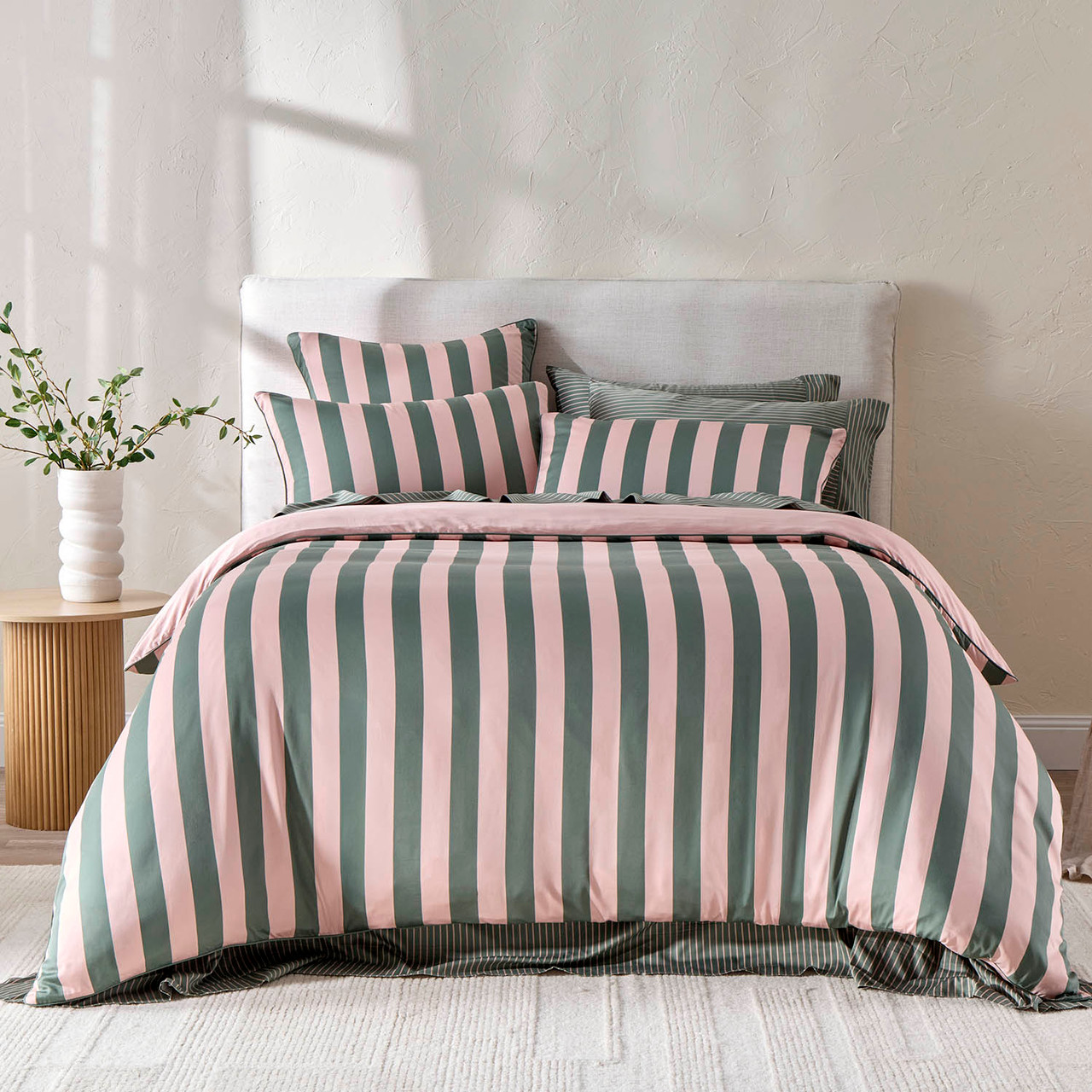Remie Green Stripe Bamboo Cotton Quilt Cover Set