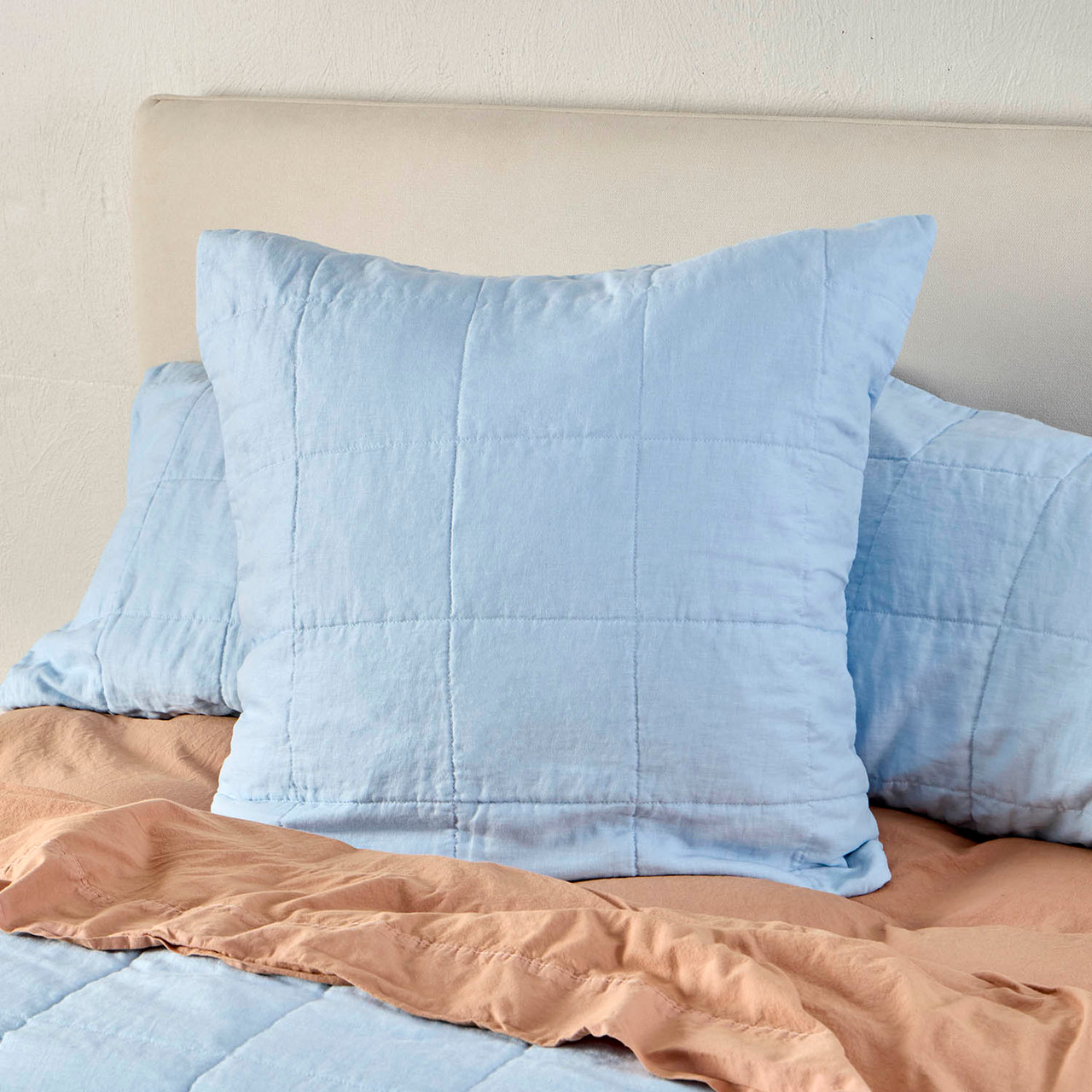 Washed Linen Blue Quilted European Pillowcase
