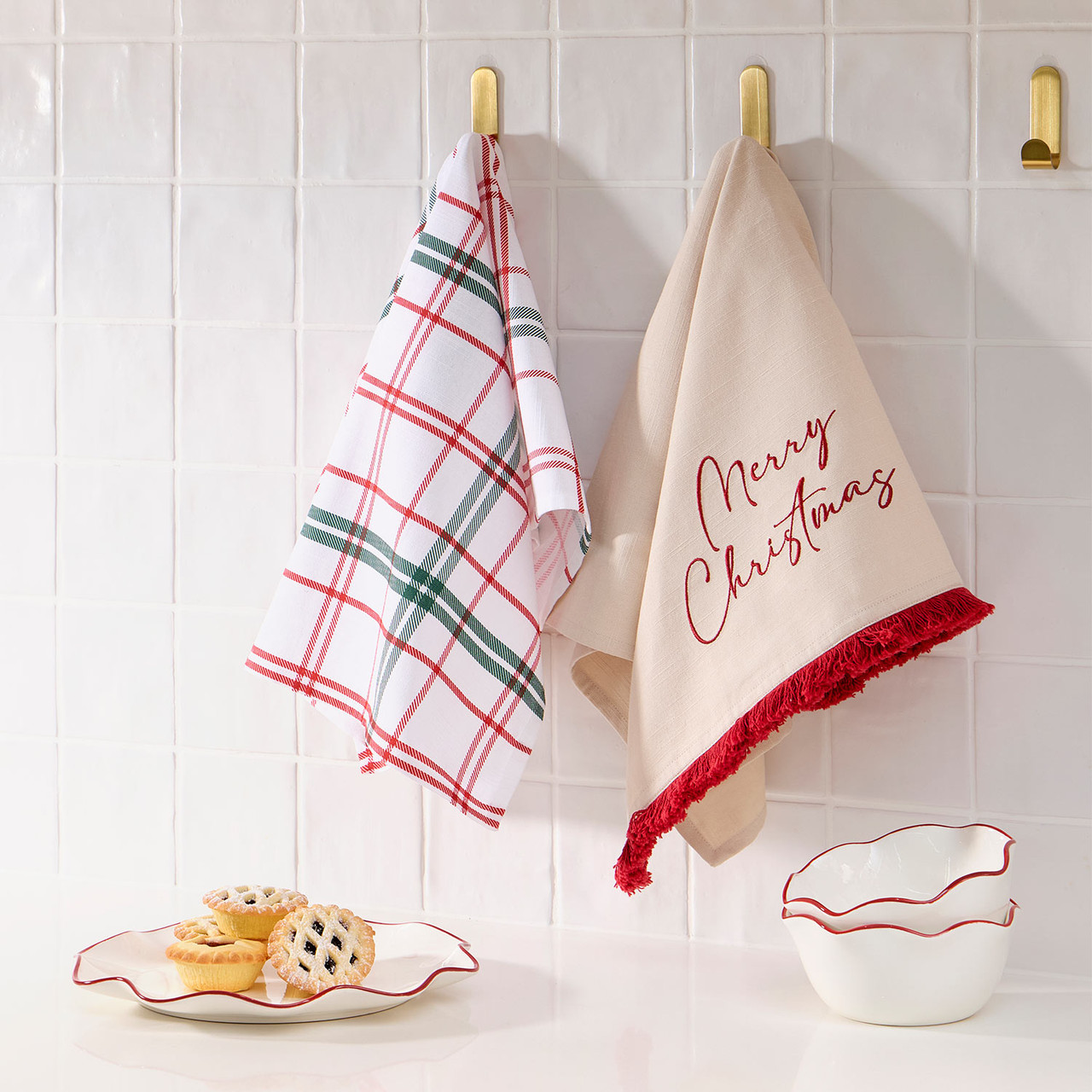 Script Embroidered Christmas Tea Towel Set of 2