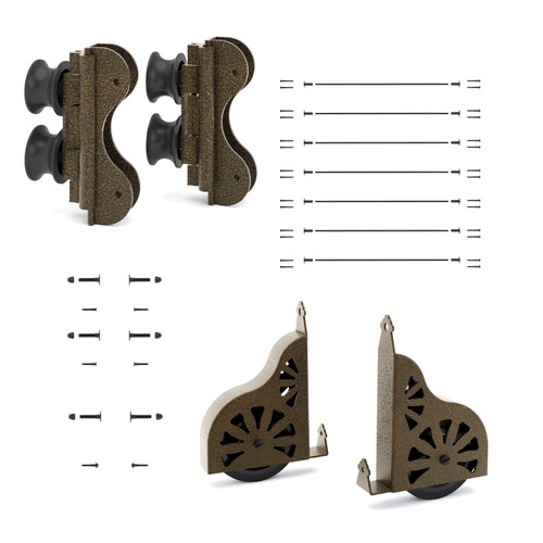 Quiet Glide Ladder Hardware Kit, 16in Wide, Curved Track Roller, Sunburst Wheel, Antique Hammered Brass