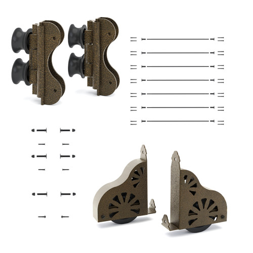 Quiet Glide Ladder Hardware Kit, 16in Wide, Curved Track Roller, Sunburst Braking Wheel, Antique Hammered Brass