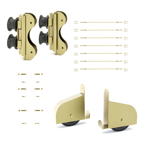Quiet Glide Curved Track Double Roller Ladder Hardware Kit, Contemporary Wheel, Use With 16in Wide Ladder, Satin Brass