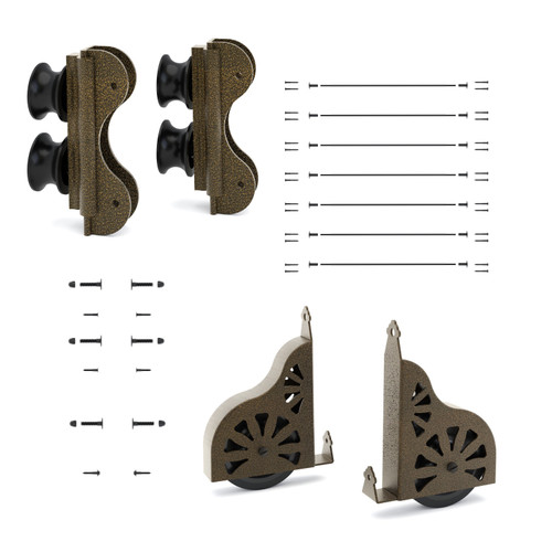 Quiet Glide Ladder Hardware Kit, 16in Wide, Double Roller, Sunburst Wheel, Antique Hammered Brass